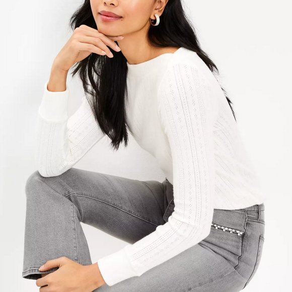 LOFT IVORY POINTELLE BOATNECK TEE - Picture 2 of 4